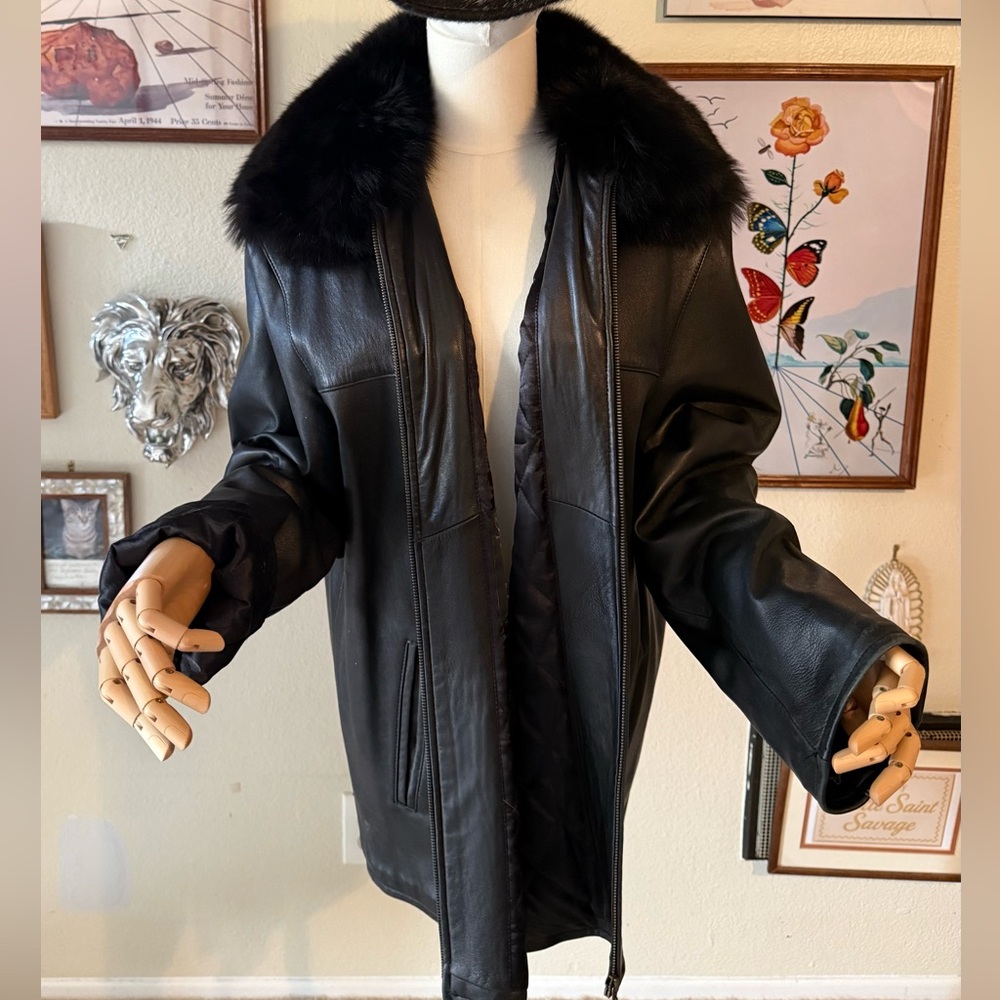 VINTAGE Genuine Leather Jacket with Removable Fox Fur Collar